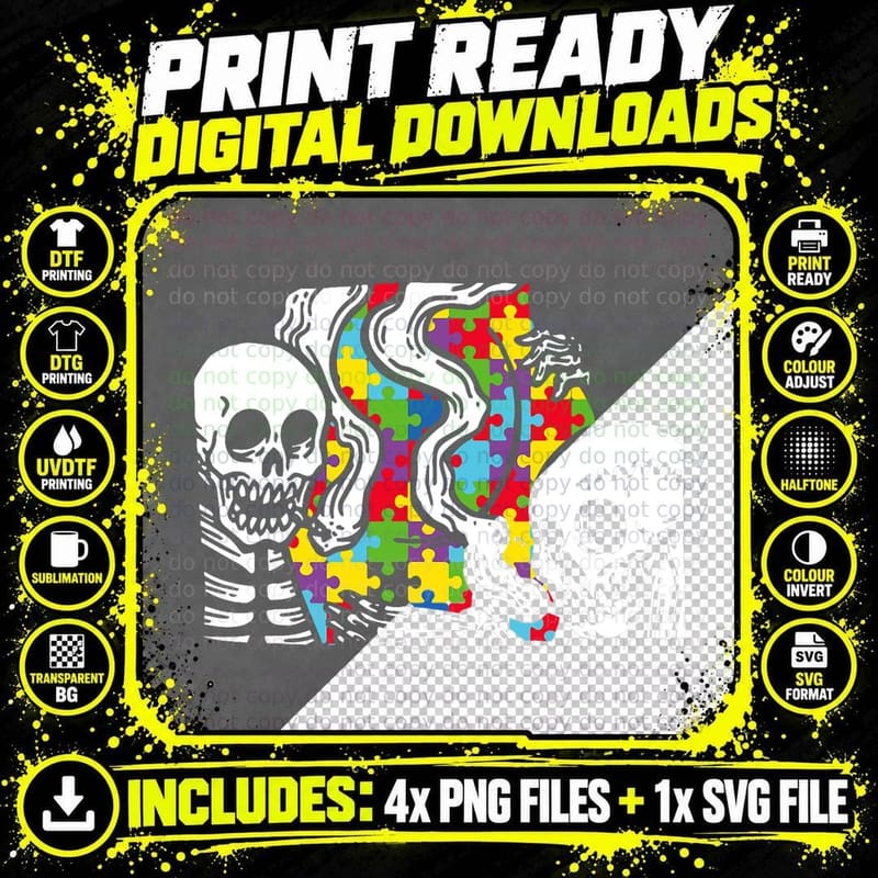 Skeleton Puzzle Piece Autism Awareness Funny Skull Png SVG Digital Bundle