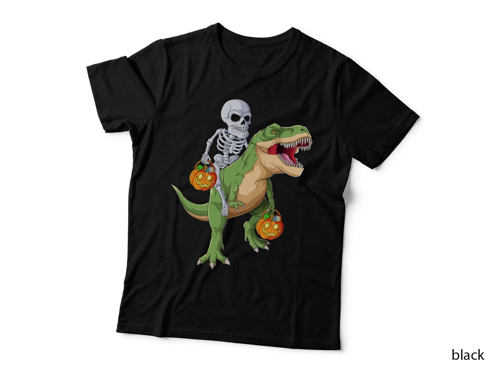Skeleton Riding Dinosaur T Rex Halloween Funny Pumpkin T-Shirt