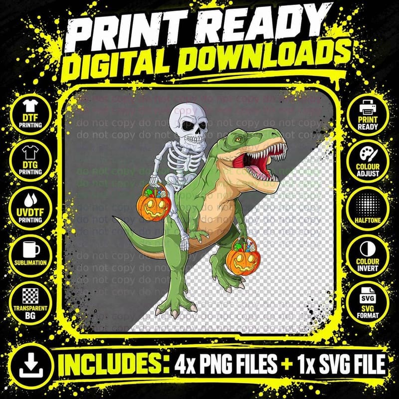 Skeleton Riding Dinosaur T Rex Halloween Funny Pumpkin Png SVG Digital Bundle