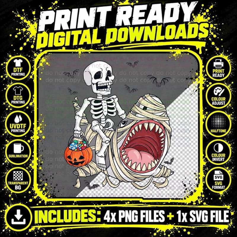 Skeleton Riding Mummy Shark Funny Halloween Pumpkin Kids Png SVG Digital Bundle