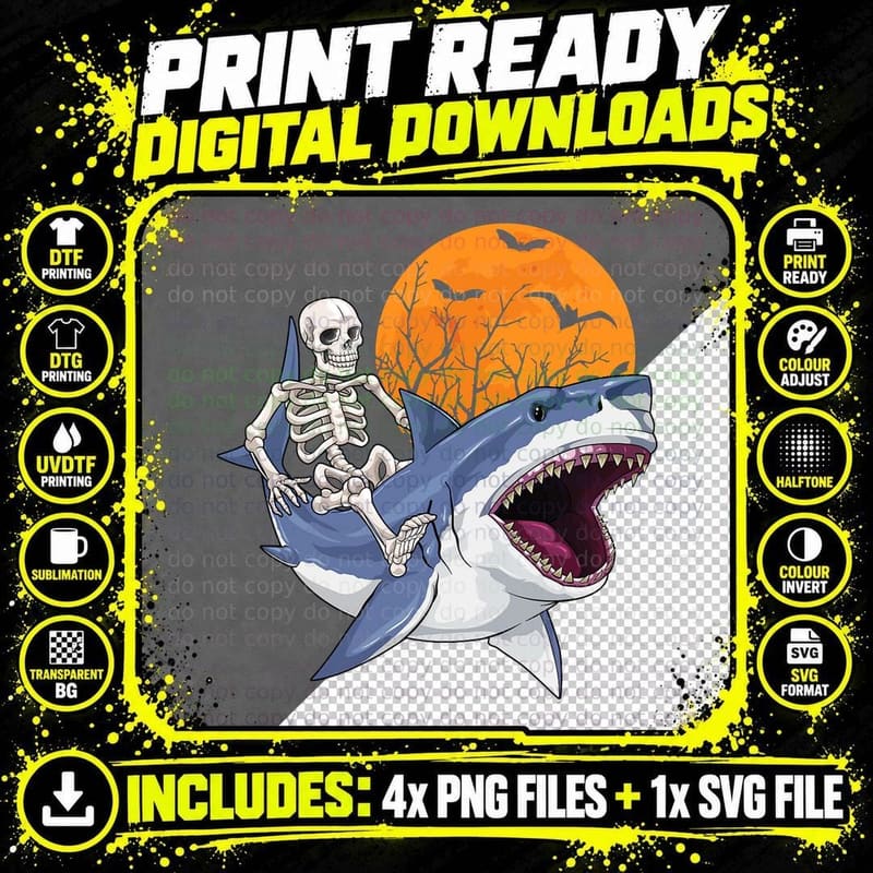 Skeleton Riding Shark Funny Halloween Costume Boys Kids Png SVG Digital Bundle
