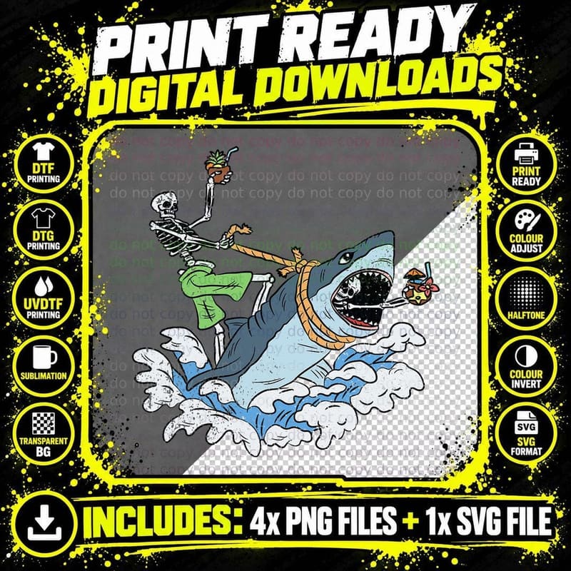 Skeleton Riding Shark Halloween Costume Bones Sea Animal Png SVG Digital Bundle