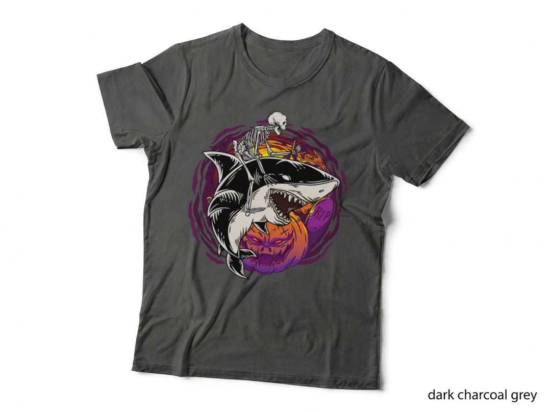 Skeleton Riding Shark Lazy Halloween Costume Funny Animal T-Shirt
