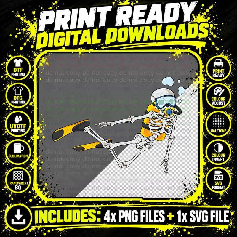 Skeleton Scuba Diver - Scuba Diving Underwater Ocean Png SVG Digital Bundle