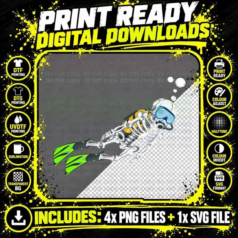 Skeleton Scuba Diving Halloween Diver T-Shirt Png SVG Digital Bundle