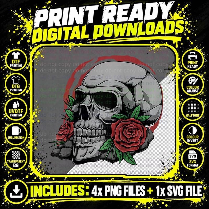 Skeleton Skull Head and Rose Flower Png SVG Digital Bundle