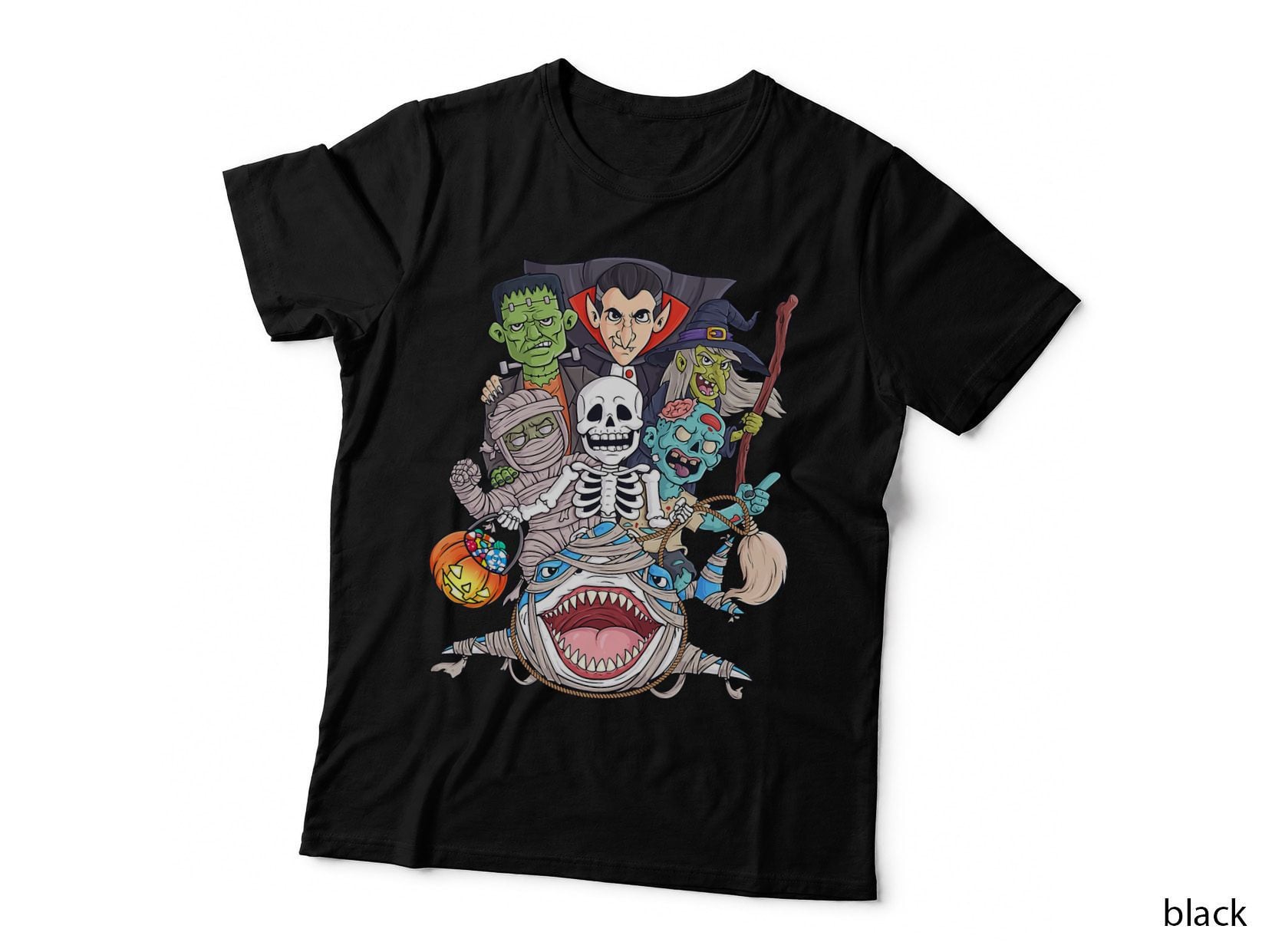 Skeleton Zombie Riding Mummy Shark Funny Halloween Pumpkin T-Shirt