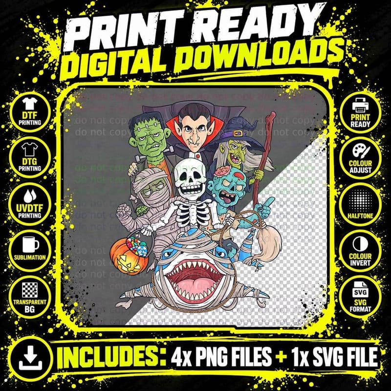 Skeleton Zombie Riding Mummy Shark Funny Halloween Png SVG Digital Bundle