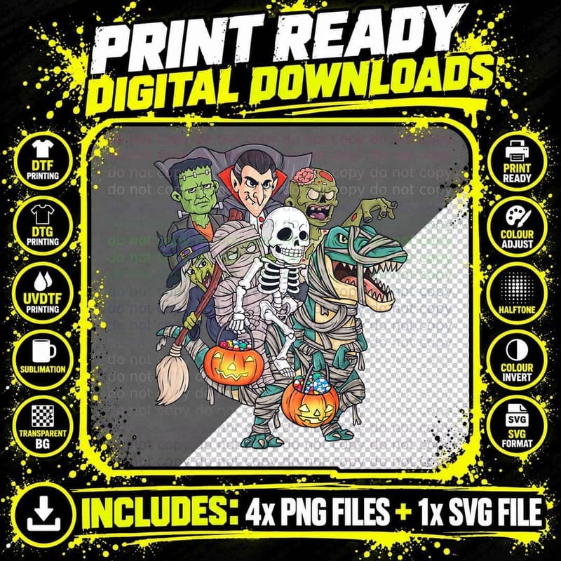 Skeleton Zombie Riding Mummy T Rex Funny Halloween Png SVG Digital Bundle