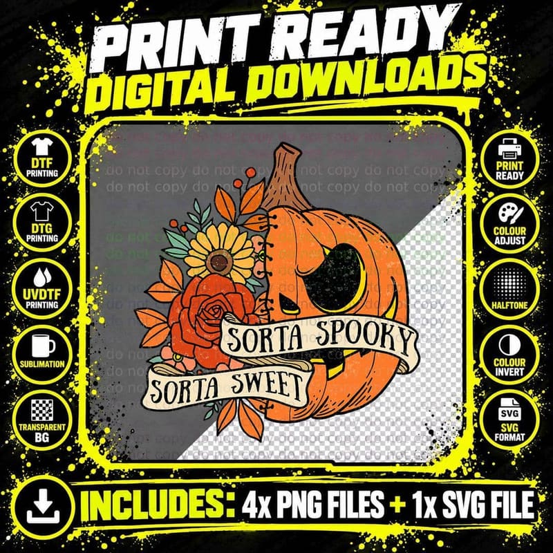 Sorta Sweet Sorta Spooky Flower Pumpkin Halloween Women Png SVG Digital Bundle