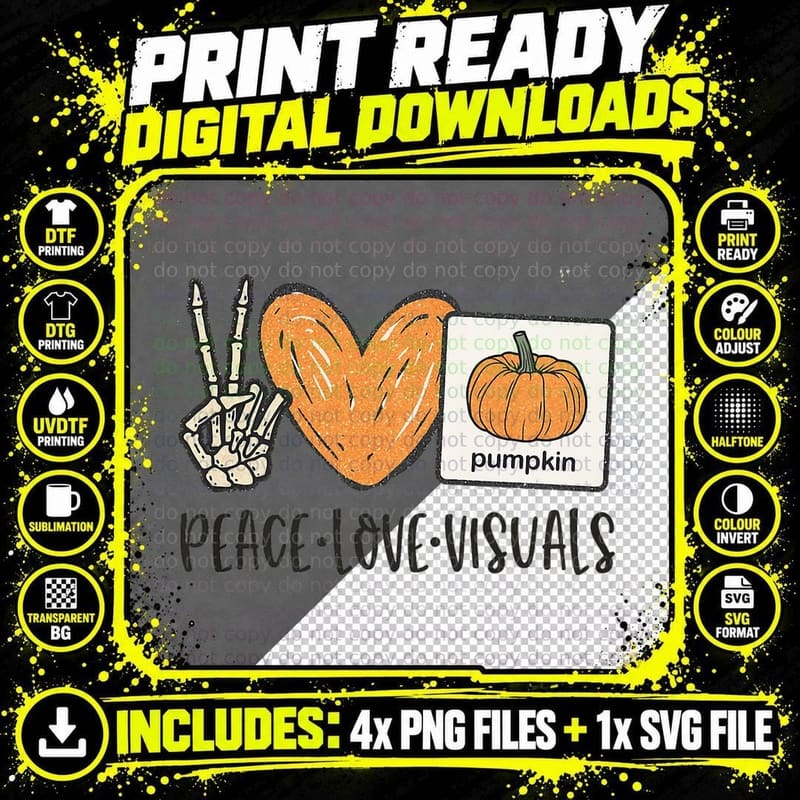 Speech Therapy Skeleton Pumpkin Peace Love Visuals Slp Png SVG Digital Bundle