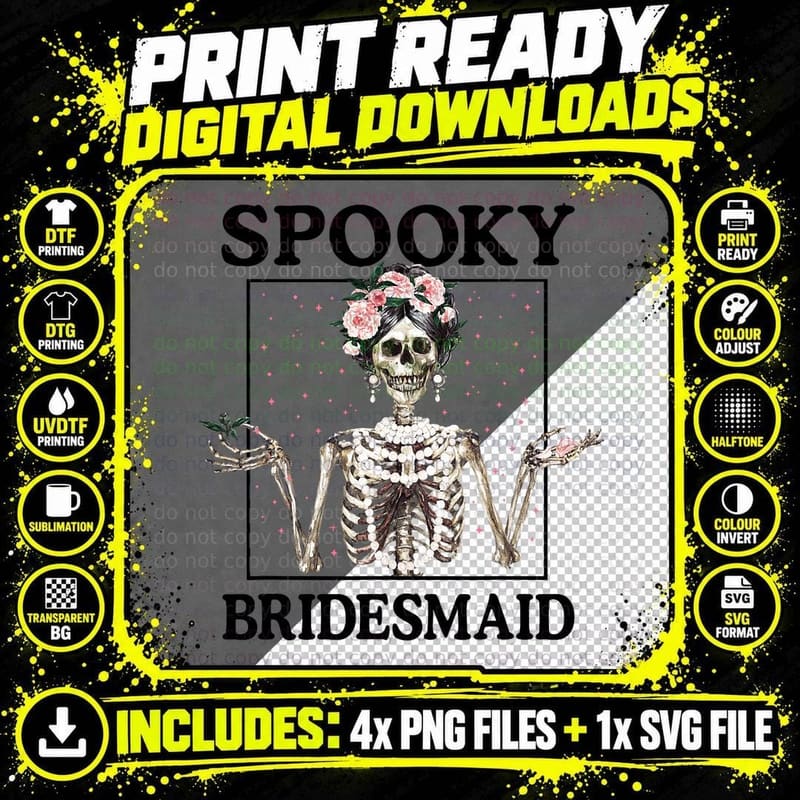 Spooky Bridesmaid Bride Skeleton Halloween Bachelorette Png SVG Digital Bundle