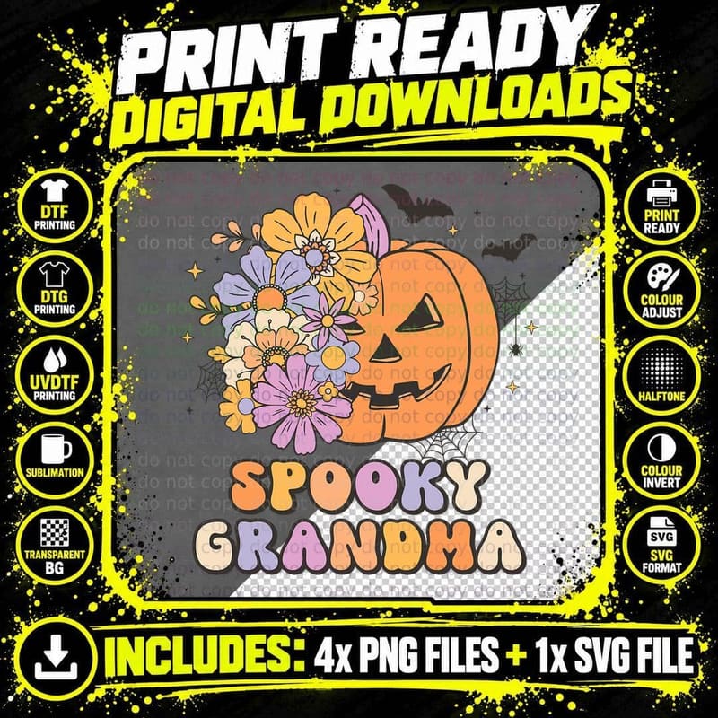 Spooky Grandma Halloween Pumpkin Costume Retro Groovy Png SVG Digital Bundle