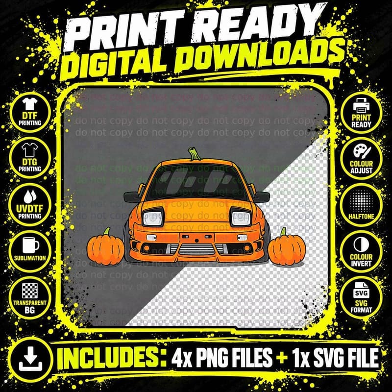Spooky Halloween JDM 180sx Pumpkin S13 Type X Drift Car Png SVG Digital Bundle