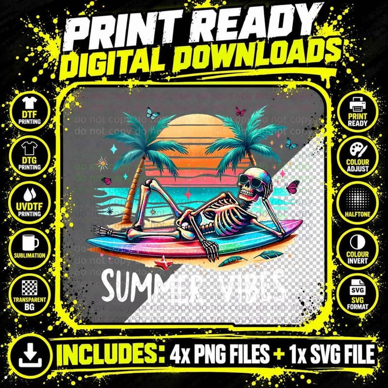 Summer Vibes Skeleton Funny Hawaii Beach Family Matching Png SVG Digital Bundle
