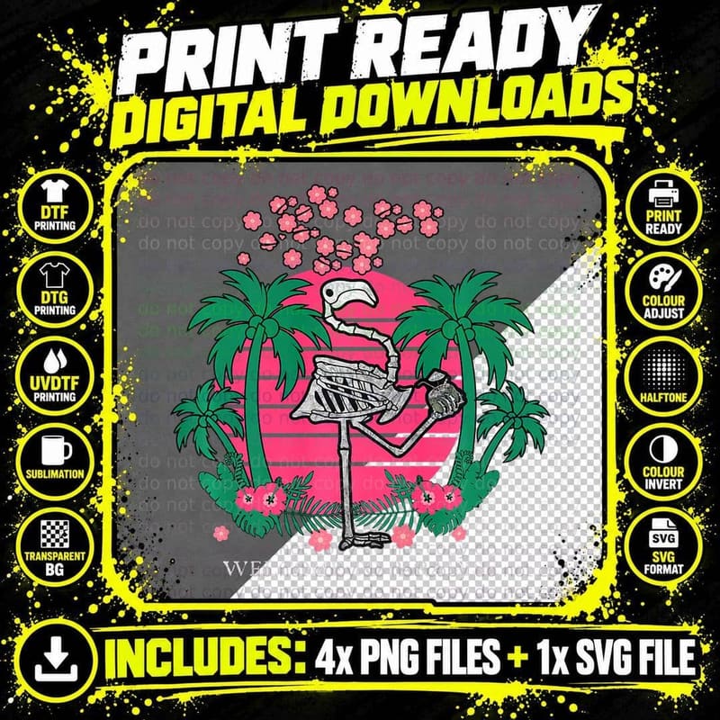 Sunset 90s Vaporwave Kanji Skeleton Flamingo Paradise Png SVG Digital Bundle