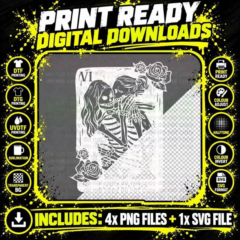 The Lovers Tarot Occult Goth Skeleton Lesbian Kissing Png SVG Digital Bundle