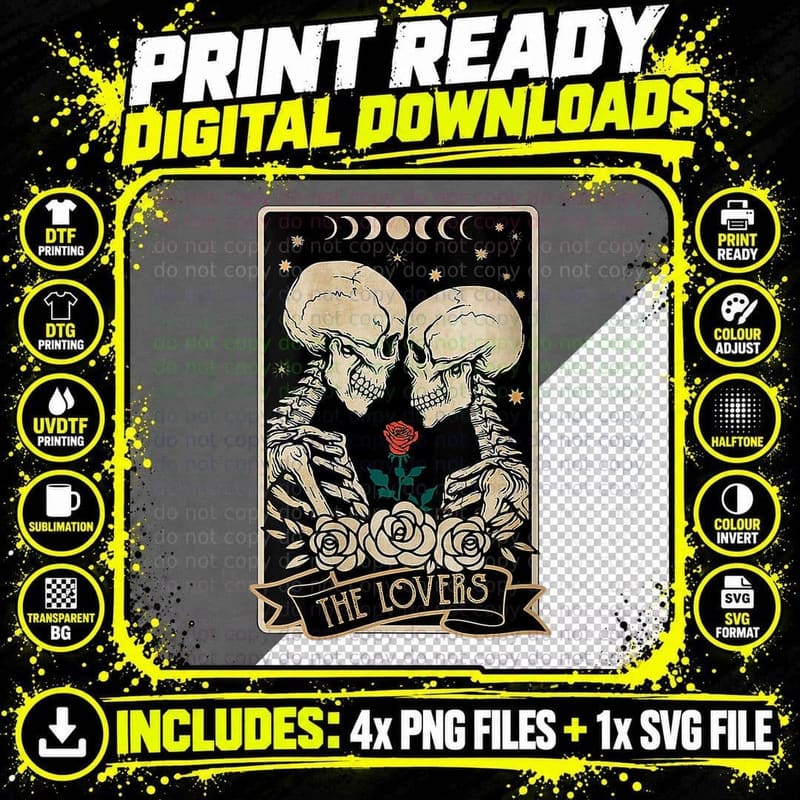 The Lovers Tarot Skeleton Occult Goth Halloween Gothic Png SVG Digital Bundle
