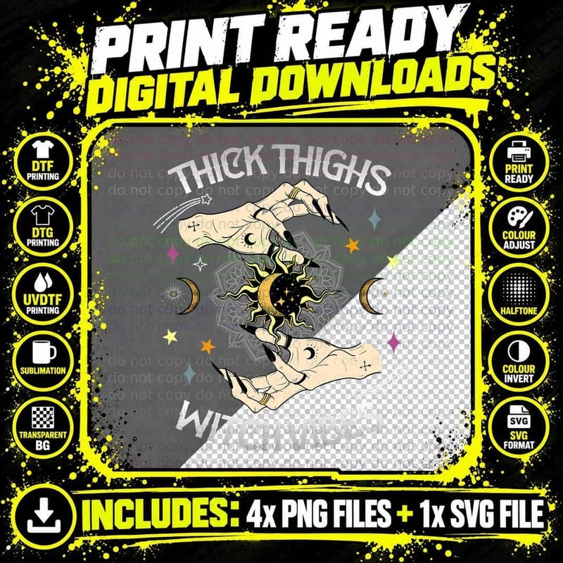 Thick Thighs Witch Vibes Halloween Moon Witches Tattoo Png SVG Digital Bundle