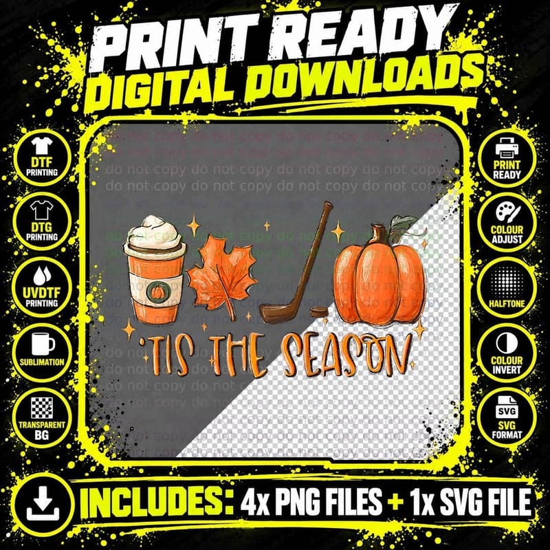 Tis the Season Hockey Latte Leaves Hello Pumpkin Png SVG Digital Bundle