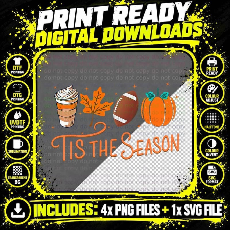 Tis the Season Latte Leaf Football Pumpkin Fall Season Png SVG Digital Bundle