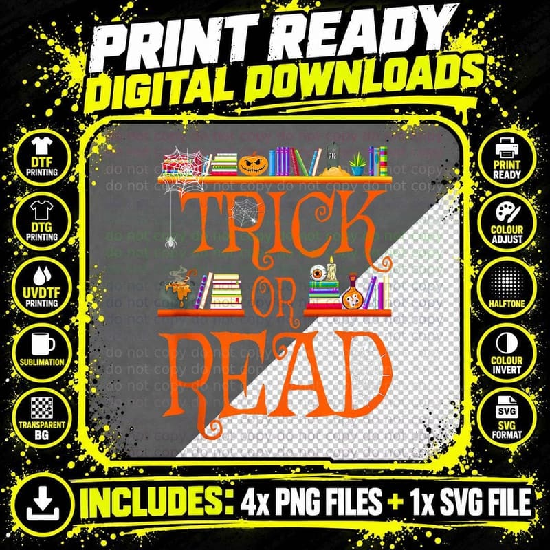Trick or Read Library Pumpkin Halloween Librarian Book Png SVG Digital Bundle