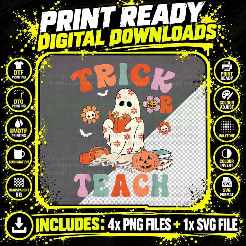 Trick or Teach Groovy Floral Ghost Teacher Halloween Png SVG Digital Bundle