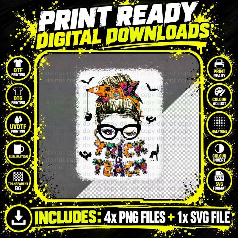 Trick or Teach One Spooky Teacher Messy Bun Halloween Png SVG Digital Bundle