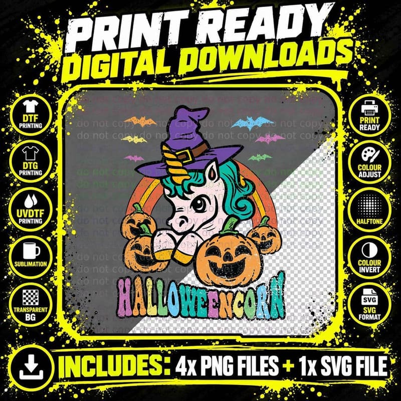 Unicorn Witch Hat Halloween Costume Rainbow Pumpkin Png SVG Digital Bundle