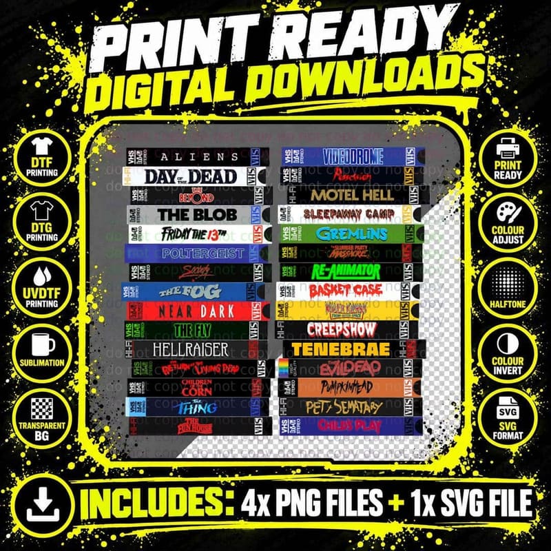 VHS 80s Horror Movie Stacks T-Shirt Png SVG Digital Bundle