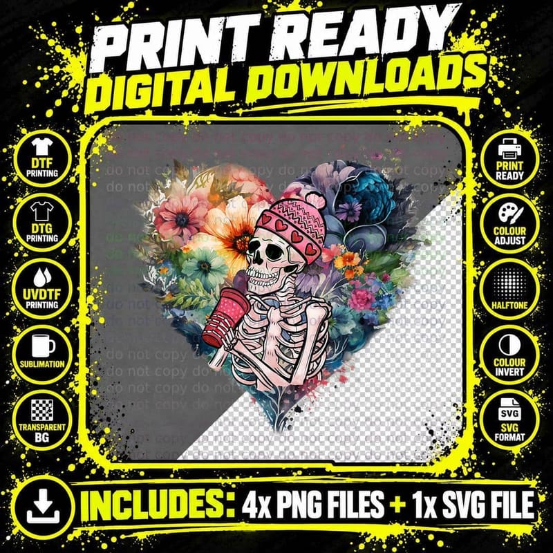 Valentines Day Vintage Flowers Heart Skeleton T-Shirt Png SVG Digital Bundle