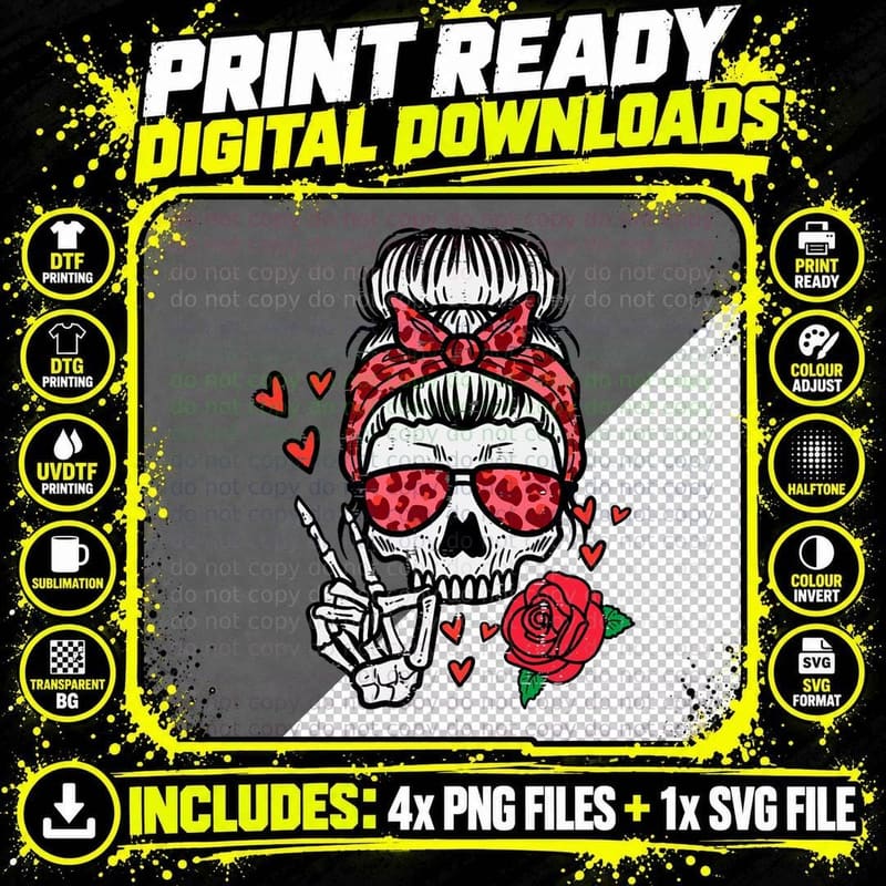 Valentines Skeleton Leopard Messy Bun Peace Funny Women Png SVG Digital Bundle