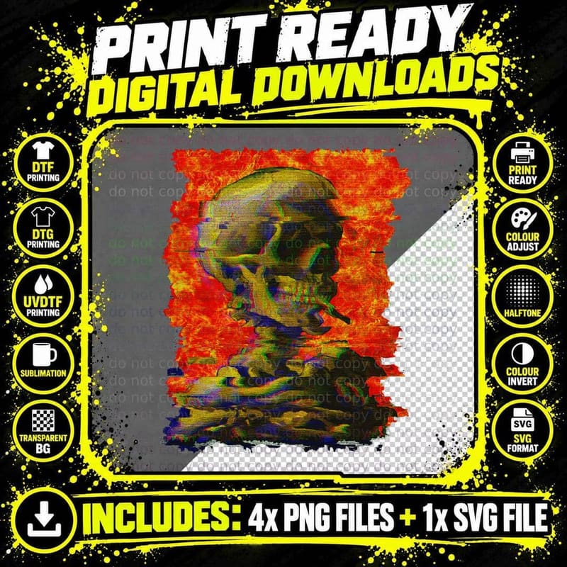 Van Gogh Skull Vaporwave Aesthetic Skeleton Lofi Glitch Png SVG Digital Bundle