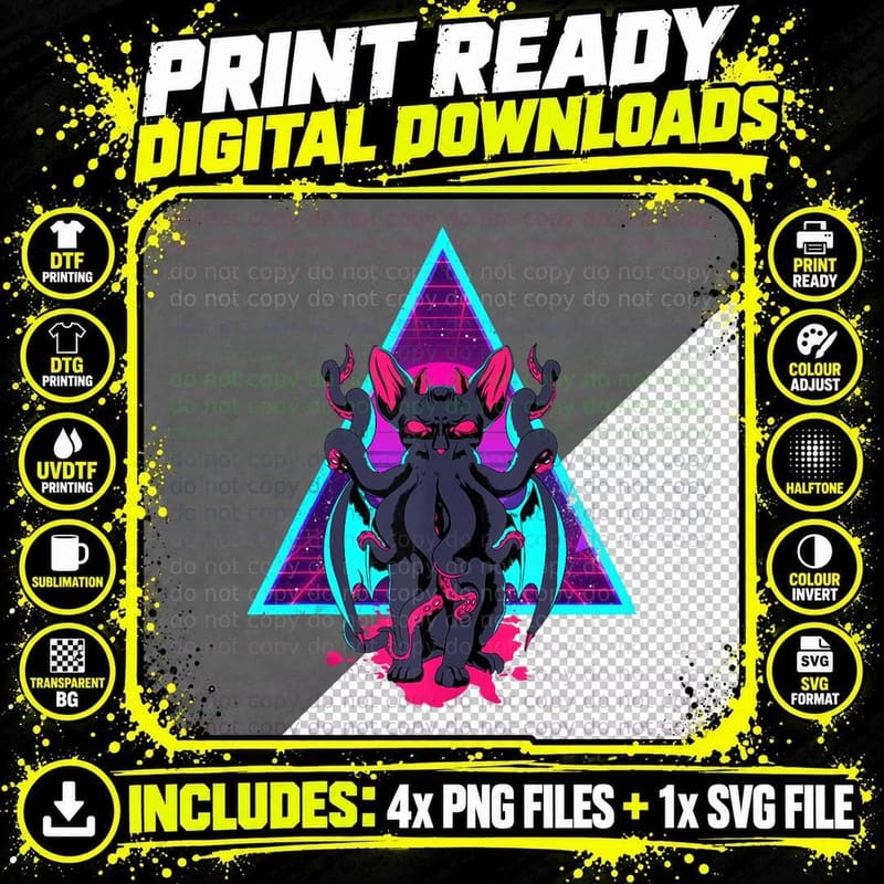 Vaporwave Cathulhu Demon Cat Octopus Tentacle Cthulhu Png SVG Digital Bundle