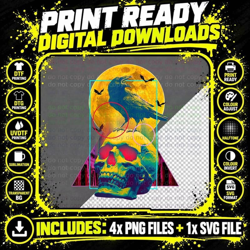 Vaporwave Skull & Raven Halloween Retro Aesthetic Art Png SVG Digital Bundle