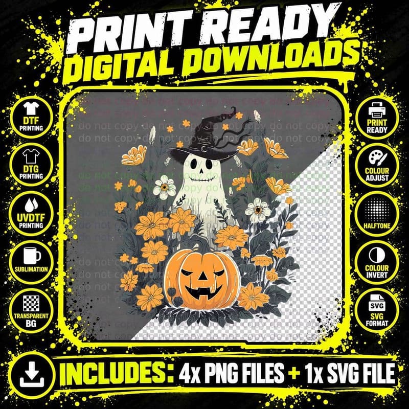 Vintage Floral Ghost Cute Pumpkin Autumn Halloween Png SVG Digital Bundle