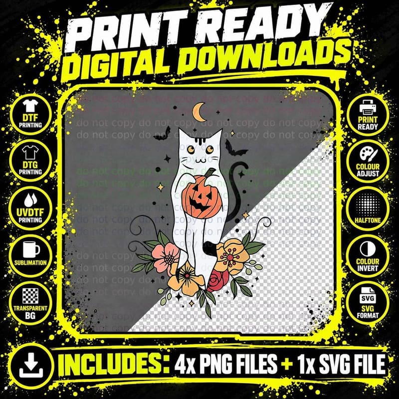 Vintage Floral Halloween Cat Ghost Pumpkin Auntum Png SVG Digital Bundle