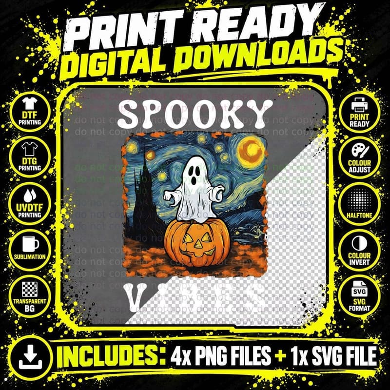Vintage Ghost Floral Goth Halloween Van Gogh Painting Png SVG Digital Bundle
