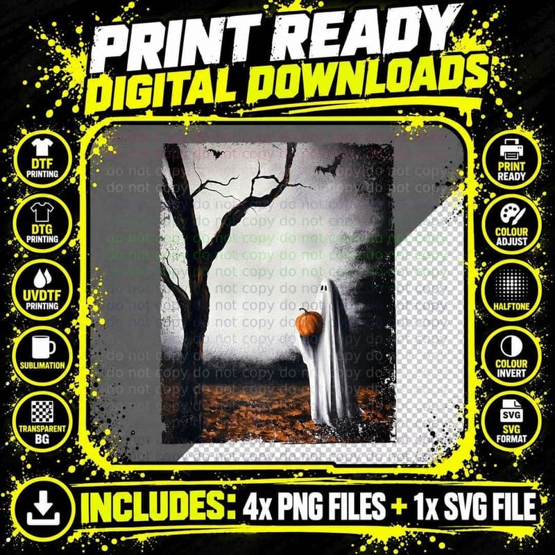 Vintage Ghost Pumpkin Halloween Ghost in the Forest Png SVG Digital Bundle