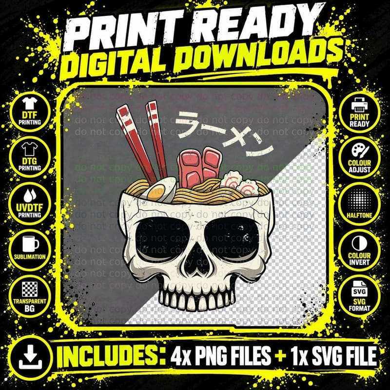 Vintage Japanese Ramen Noodles Skull Boys Kids Halloween Png SVG Digital Bundle