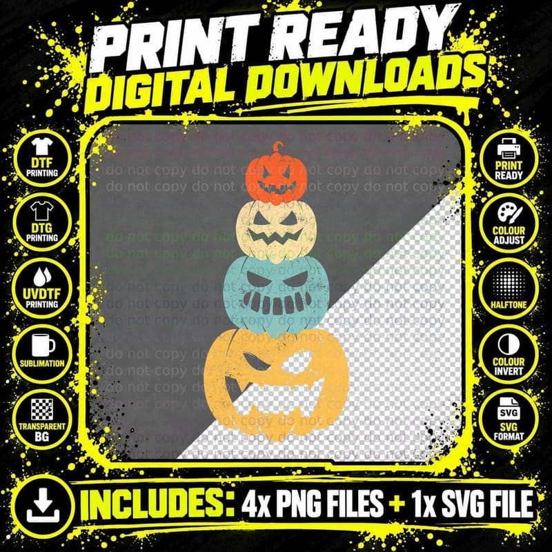 Vintage Scary Pumpkin Funny Halloween Retro Pumpkin Png SVG Digital Bundle