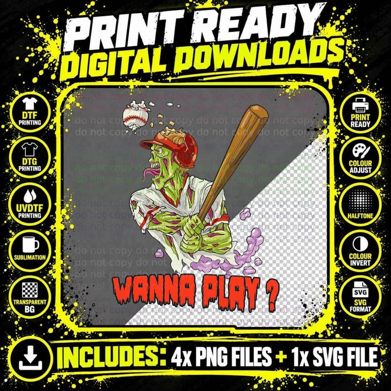 Wanna Play Zombie Baseball Player T-Shirt Png SVG Digital Bundle