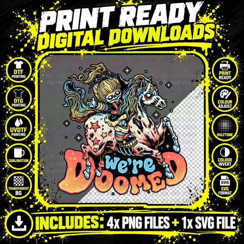 We're Doomed Skeleton Girl Riding Horse Psychedelic Art Png SVG Digital Bundle