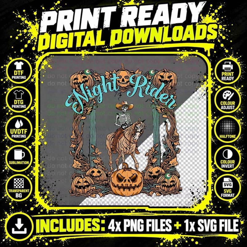 Western Skeleton Cowboy Night-Rider Spooky Pumpkin Png SVG Digital Bundle