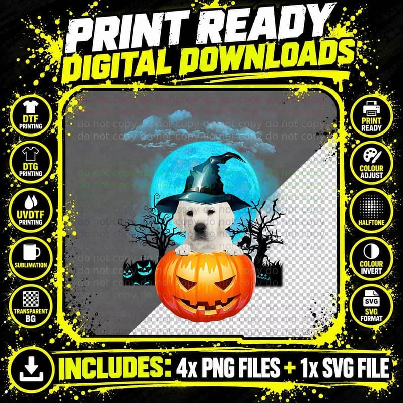 White Labrador Witch Hat Pumpkin and Blue Moon Halloween Png SVG Digital Bundle