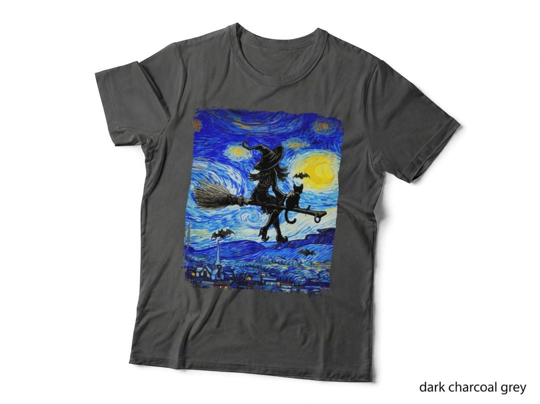 Witch Halloween Starry Night Van Gogh Aestic Painting T-Shirt