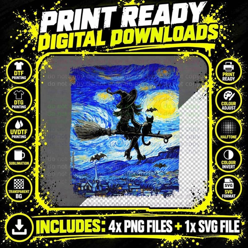 Witch Halloween Starry Night Van Gogh Aestic Painting Png SVG Digital Bundle