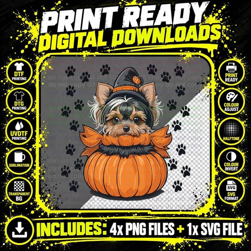 Yorkie Halloween Costume Tee Pumpkin Men Women Kids Dog Png SVG Digital Bundle