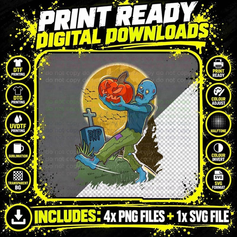 Zombie Running with Pumpkin Halloween Runner Spooky Fun Png SVG Digital Bundle