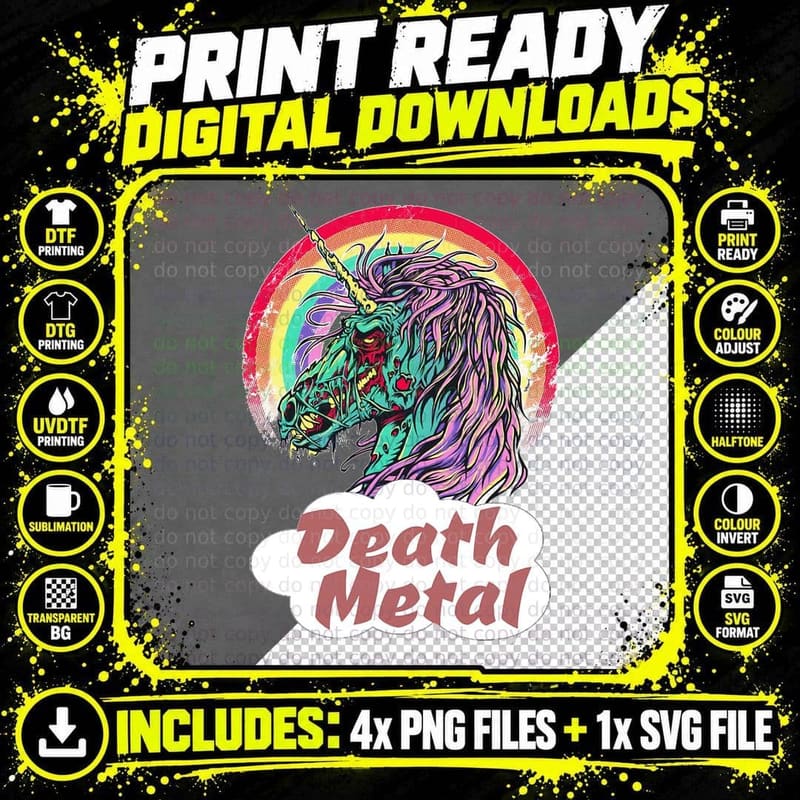 Zombie Unicorn Death Metal Rocker T-Shirt Png SVG Digital Bundle
